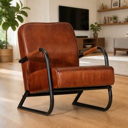 Brown Leather Armchair with Iron Frame
