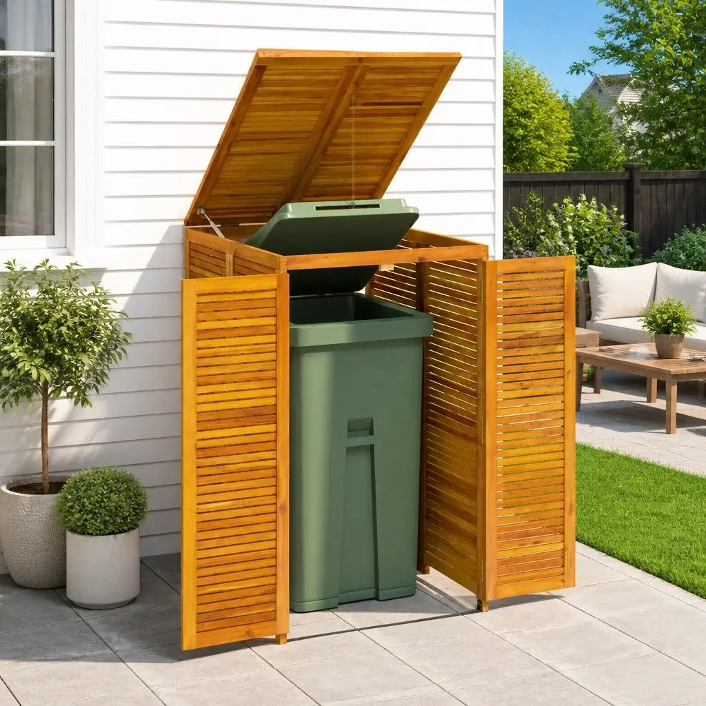 Solid Wood Garbage Bin Shed Brown Large Lockable Doors Automatic Lid System