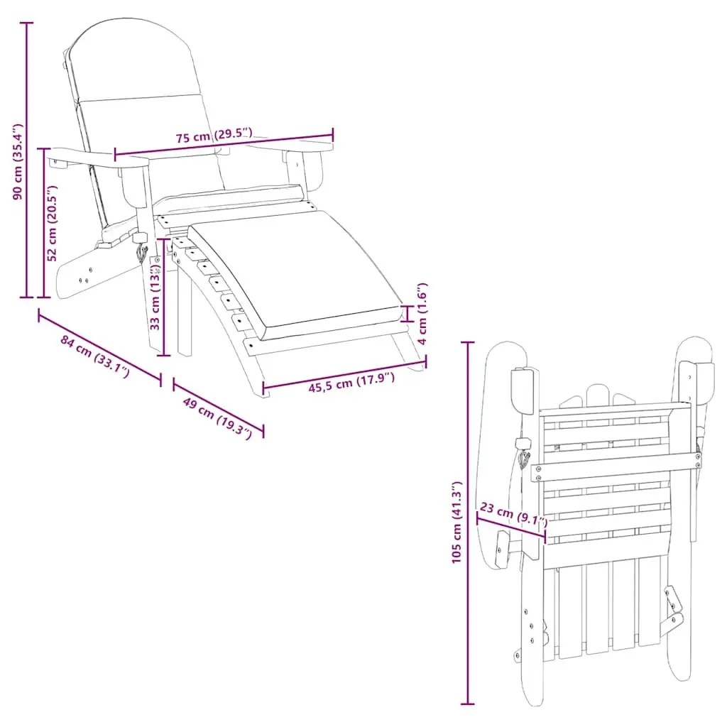 Adirondack Chair Brown Solid Acacia Wood Outdoor Lounger with Footrest