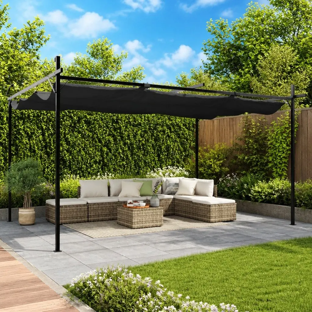 Retractable Roof Pergola Anthracite Outdoor Canopy Shelter Garden Pavilion 395L x 292W x 230H cm UV Resistant Polyester Fabric