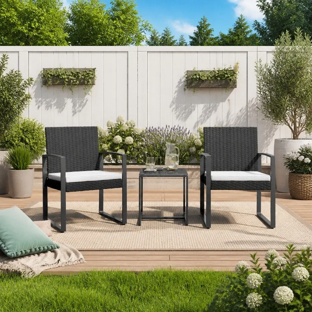 Garden Dining Set 3 Piece Outdoor Furniture Black PP Rattan with Cushions