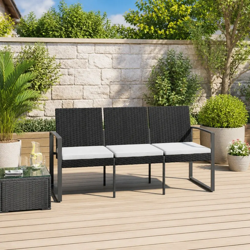 3-Seater Garden Bench Black Outdoor Patio Furniture with Cushions