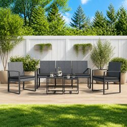 Garden Dining Set 5 Piece Outdoor Furniture with Cushions Grey Rattan Patio