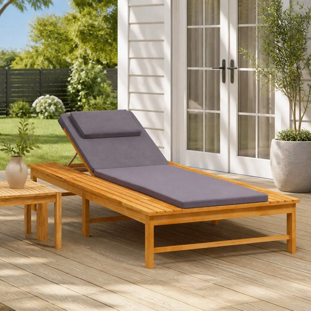 Sun Lounger with Cushion Pillow Solid Acacia Wood Adjustable Backrest Garden