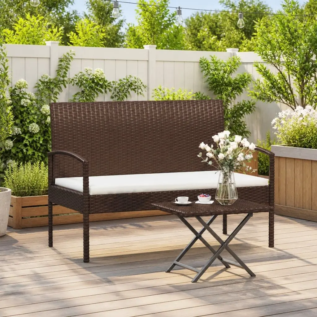 Garden Bench Brown 105cm Outdoor Seating with Cushion Poly Rattan