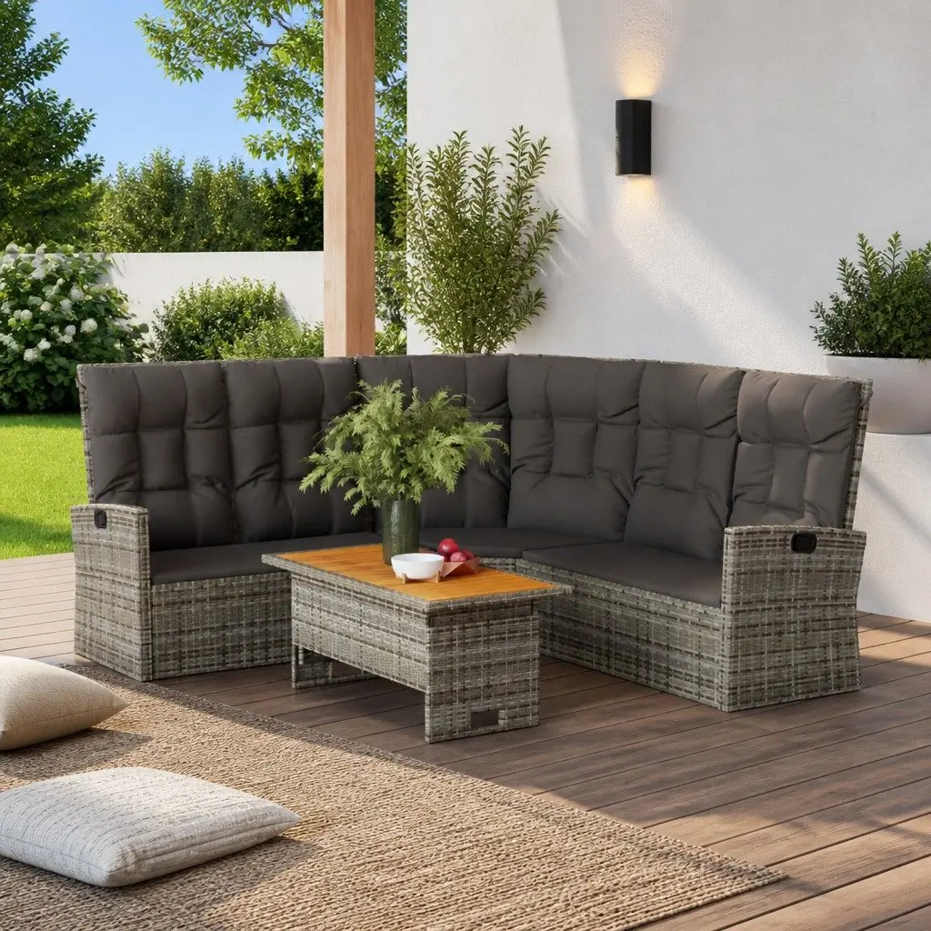 2 Piece Garden Lounge Set Grey PE Rattan Adjustable Backrest Lift-up Tabletop