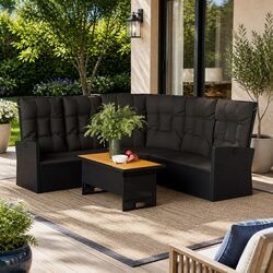 Reclining Corner Sofa Outdoor Garden Seating Black Poly Rattan with Cushions