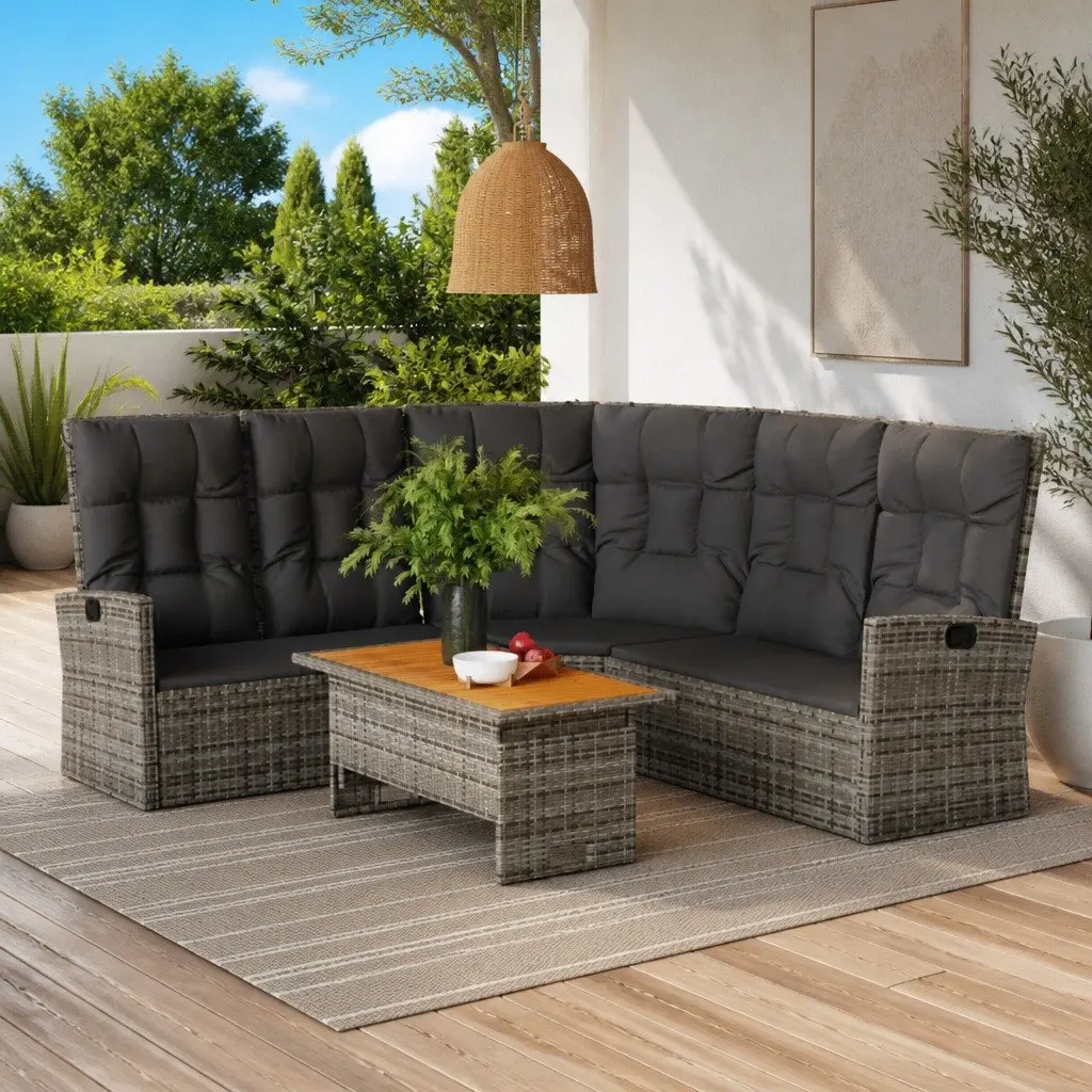 Reclining Corner Sofa with Cushions Grey Poly Rattan Outdoor Garden Seating