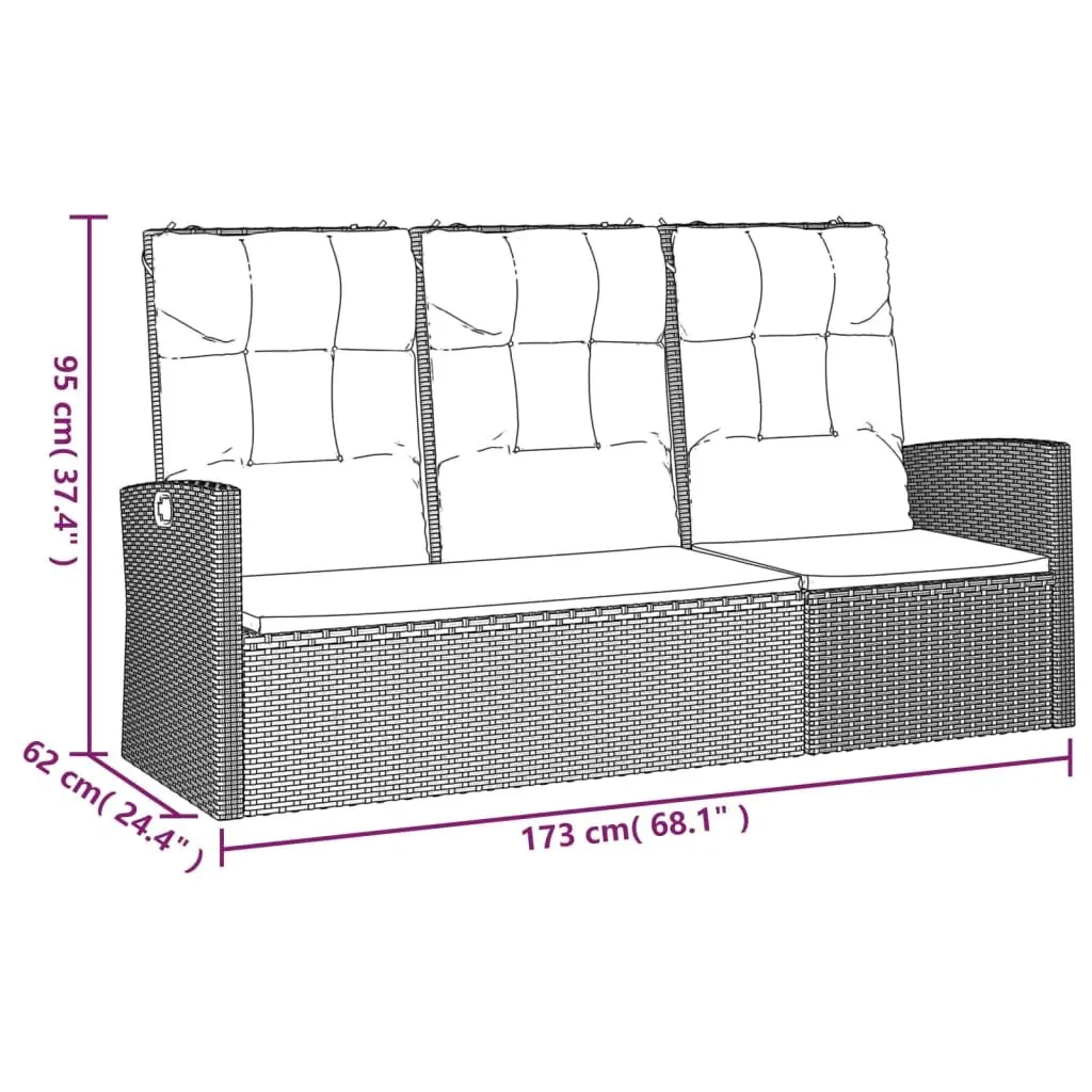 Reclining Garden Bench Black 173cm Adjustable Backrest Cushions Outdoor Seating