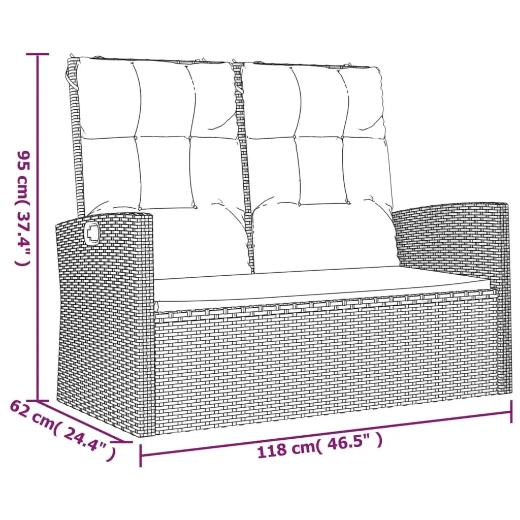 Reclining Garden Bench Black Adjustable Backrest Padded Cushions