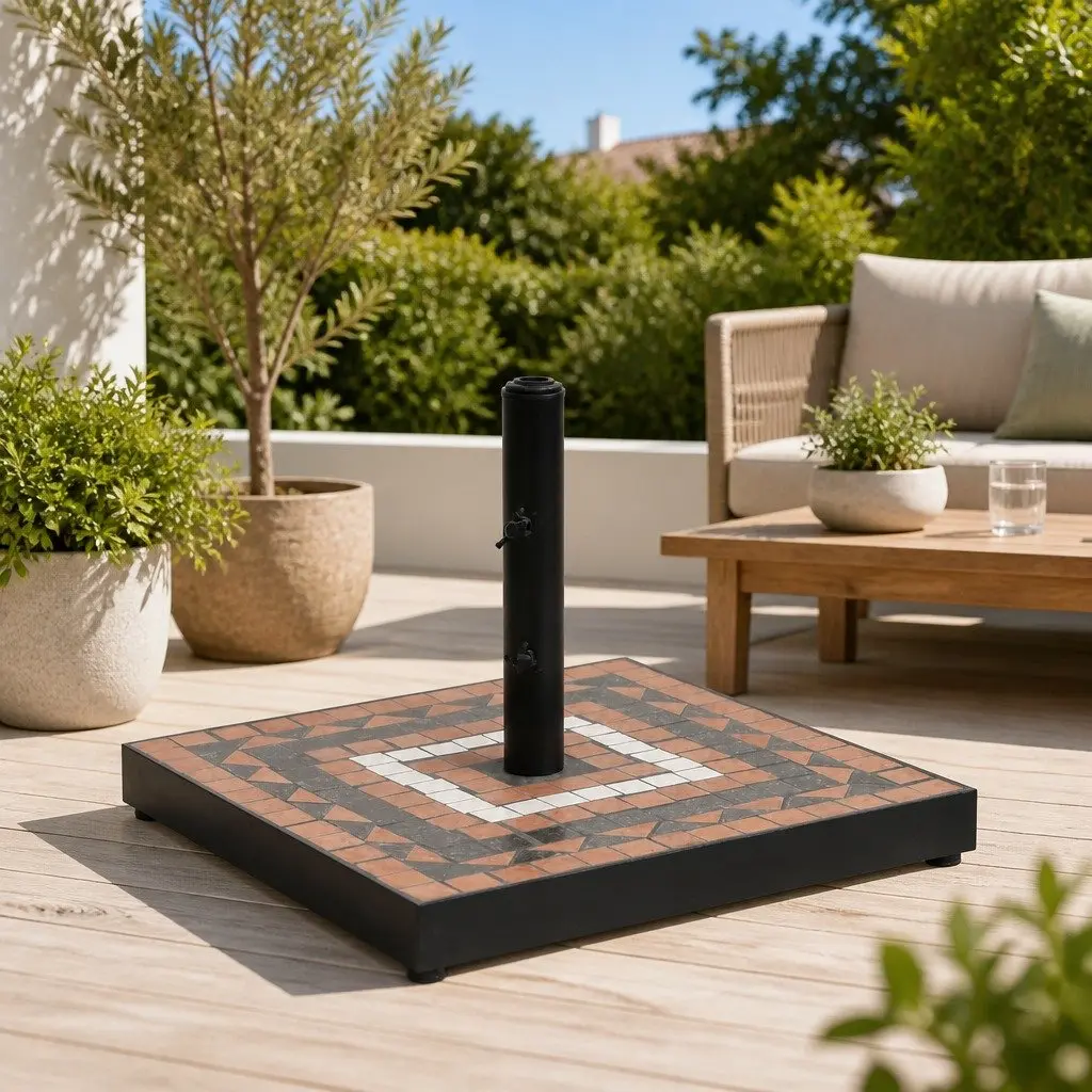 Square Parasol Base Outdoor Ceramic Tile Terracotta White Iron Frame with Adjustable Knobs