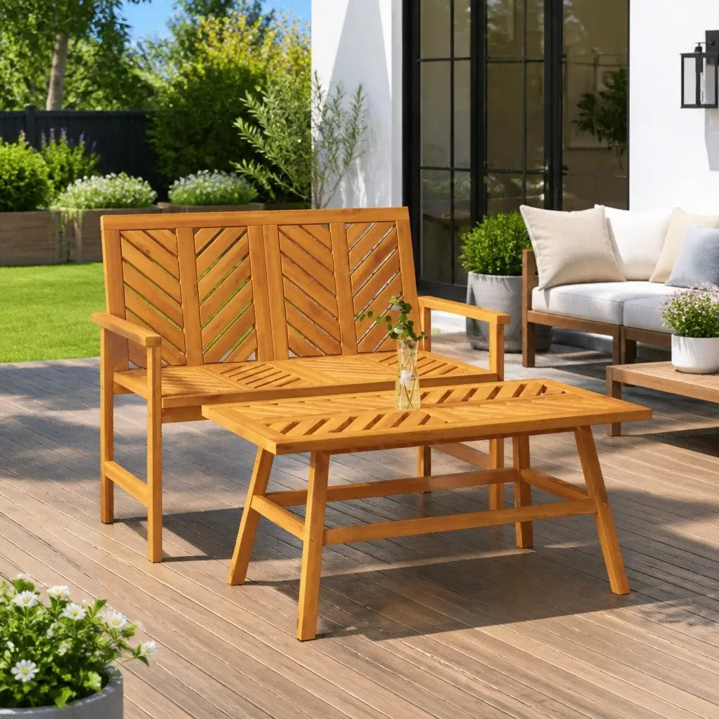 2 Piece Garden Lounge Set Brown Solid Acacia Wood Outdoor Furniture with Armrests