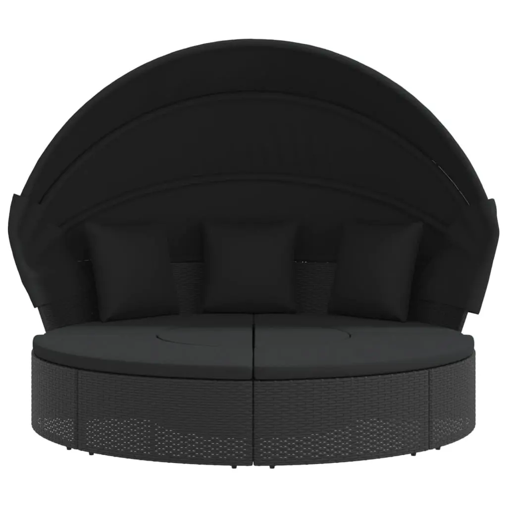 Outdoor Lounge Bed Black with Canopy Cushions PE Rattan for Garden Relaxation