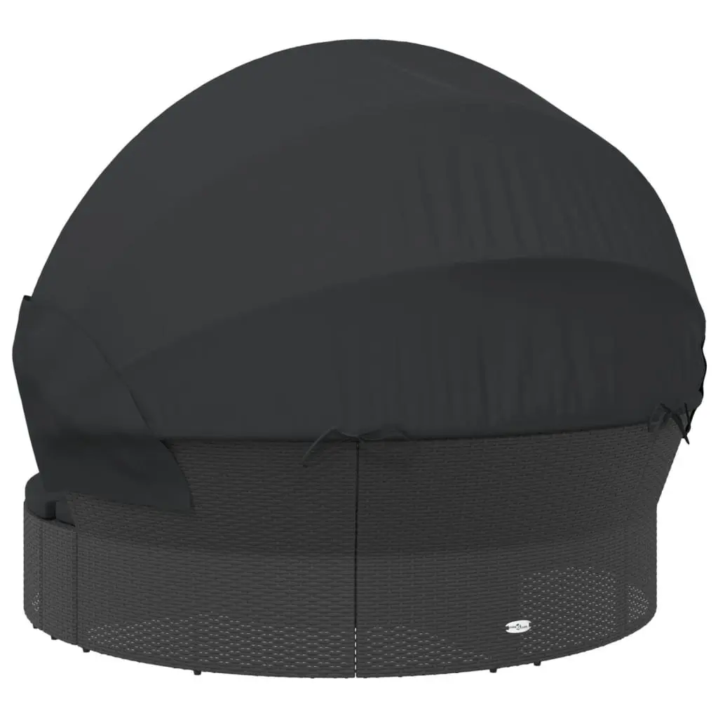 Outdoor Lounge Bed Black with Canopy Cushions PE Rattan for Garden Relaxation
