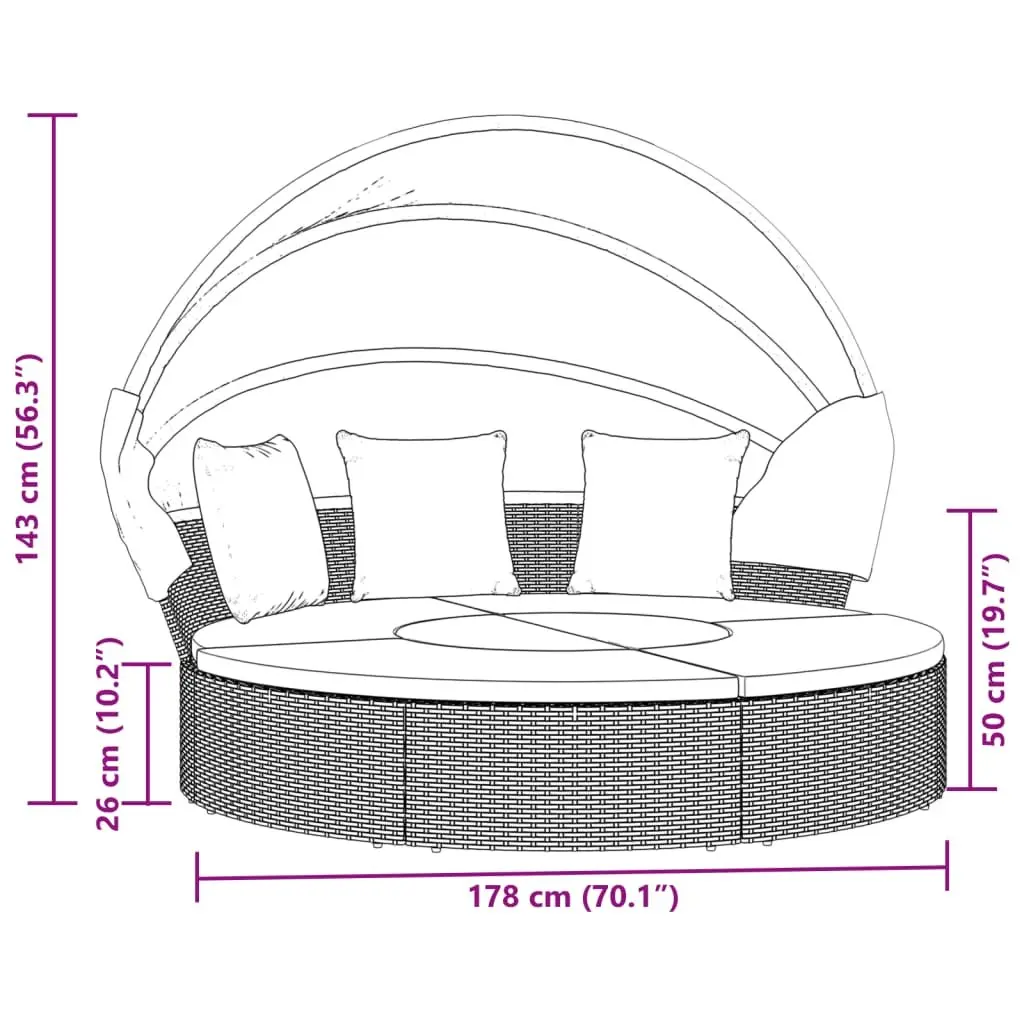 Outdoor Lounge Bed Black with Canopy Cushions PE Rattan for Garden Relaxation