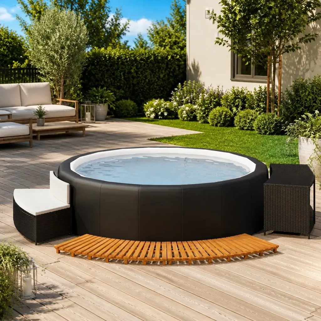 Hot Tub Surround Black Rattan Wood Outdoor Spa Bench Storage Shelf