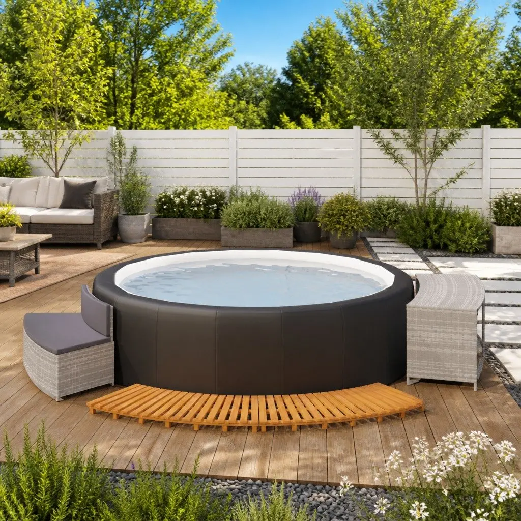 Hot Tub Surround Grey Poly Rattan Acacia Wood Frame Integrated Seating Storage Shelf