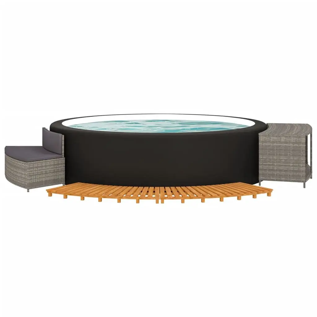 Hot Tub Surround Grey Poly Rattan Acacia Wood Frame Integrated Seating Storage Shelf
