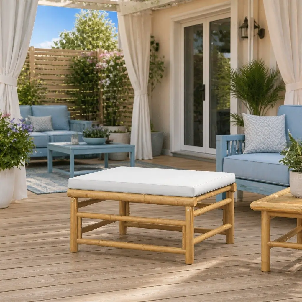 Garden Footstool Grey Cushion Bamboo Frame Outdoor Seating Portable