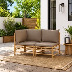Garden Lounge Set 2 Piece Outdoor Sectional Bamboo Furniture Taupe Cushions