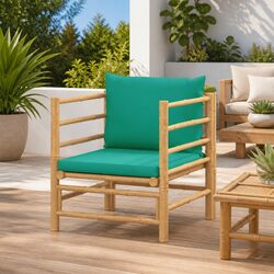 Bamboo Sectional Sofa with Green Cushions for Outdoors