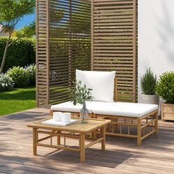 3 Piece Garden Lounge Set Bamboo Outdoor Sofa Table Cream White Cushions