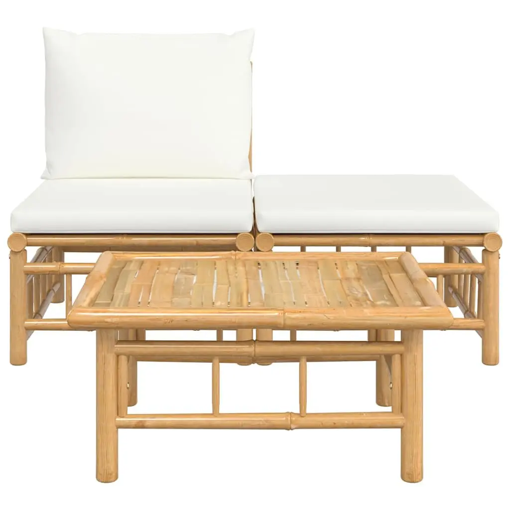 3 Piece Garden Lounge Set Bamboo Outdoor Sofa Table Cream White Cushions