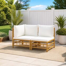 2 Piece Garden Lounge Set Bamboo Outdoor Sofa Cream White Cushions Patio Seat