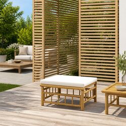 Outdoor Garden Footstool Ottoman Bamboo Frame White Cushion Seat Patio Furniture