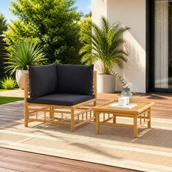 Outdoor Sectional Sofa Set 2 Piece Bamboo Garden Lounge with Grey Cushions