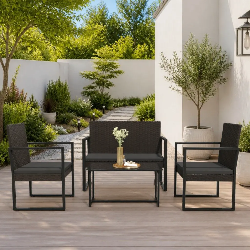 Garden Bench Black 106cm Poly Rattan Cushions Weather Resistant Outdoor Furniture