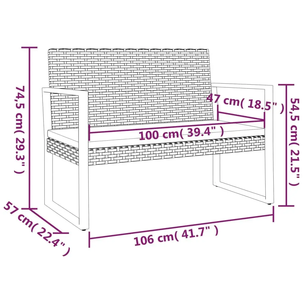 Garden Bench Black 106cm Poly Rattan Cushions Weather Resistant Outdoor Furniture