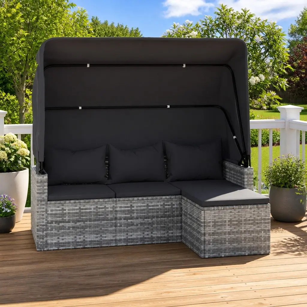 3-Seater Garden Sofa Grey Adjustable Roof Footstool