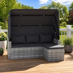 3-Seater Outdoor Garden Sofa with Adjustable Roof Footstool Grey Rattan Seating