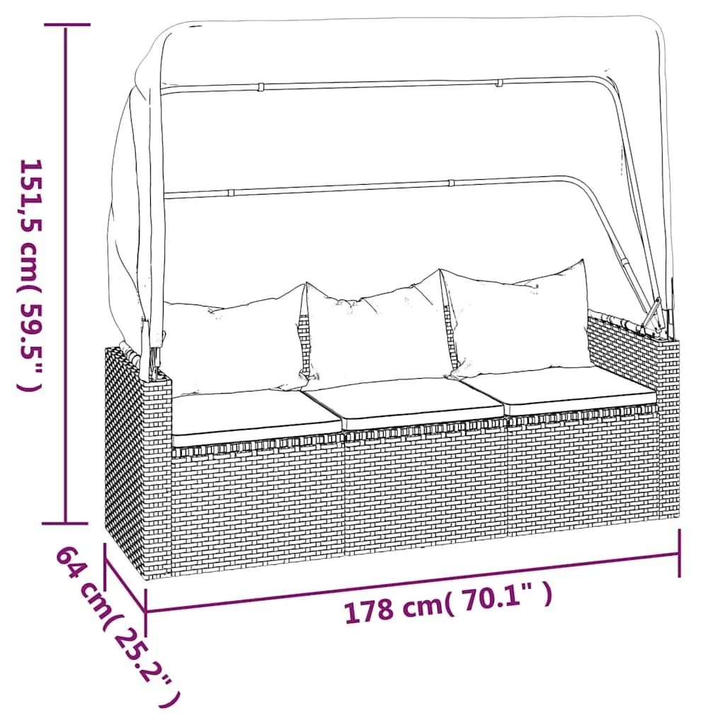 3-Seater Garden Sofa Grey Adjustable Roof Footstool