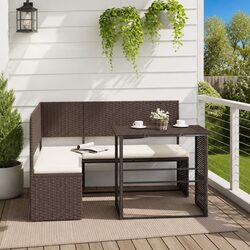 L-Shaped Garden Sofa Set with Table Brown Poly Rattan Outdoor Patio Furniture