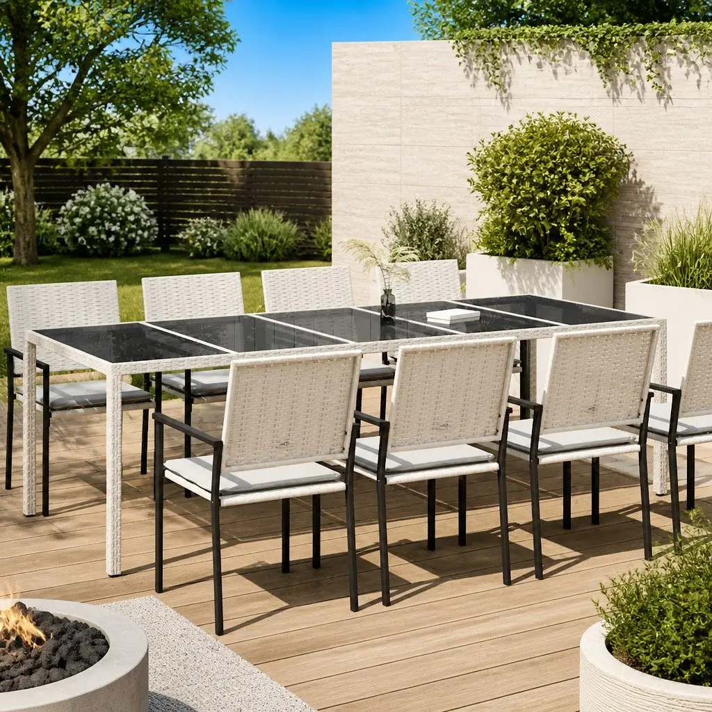 Garden Table White 250x100x75cm Outdoor Patio Dining Poly Rattan Tempered Glass