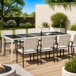 Garden Table White 250x100x75cm Outdoor Patio Dining Poly Rattan Tempered Glass