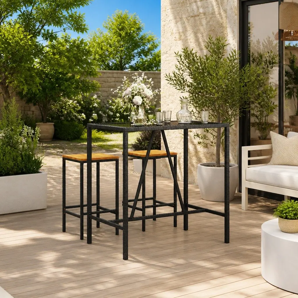 Bar Table with Glass Top Black Outdoor Patio Poly Rattan Bistro Furniture