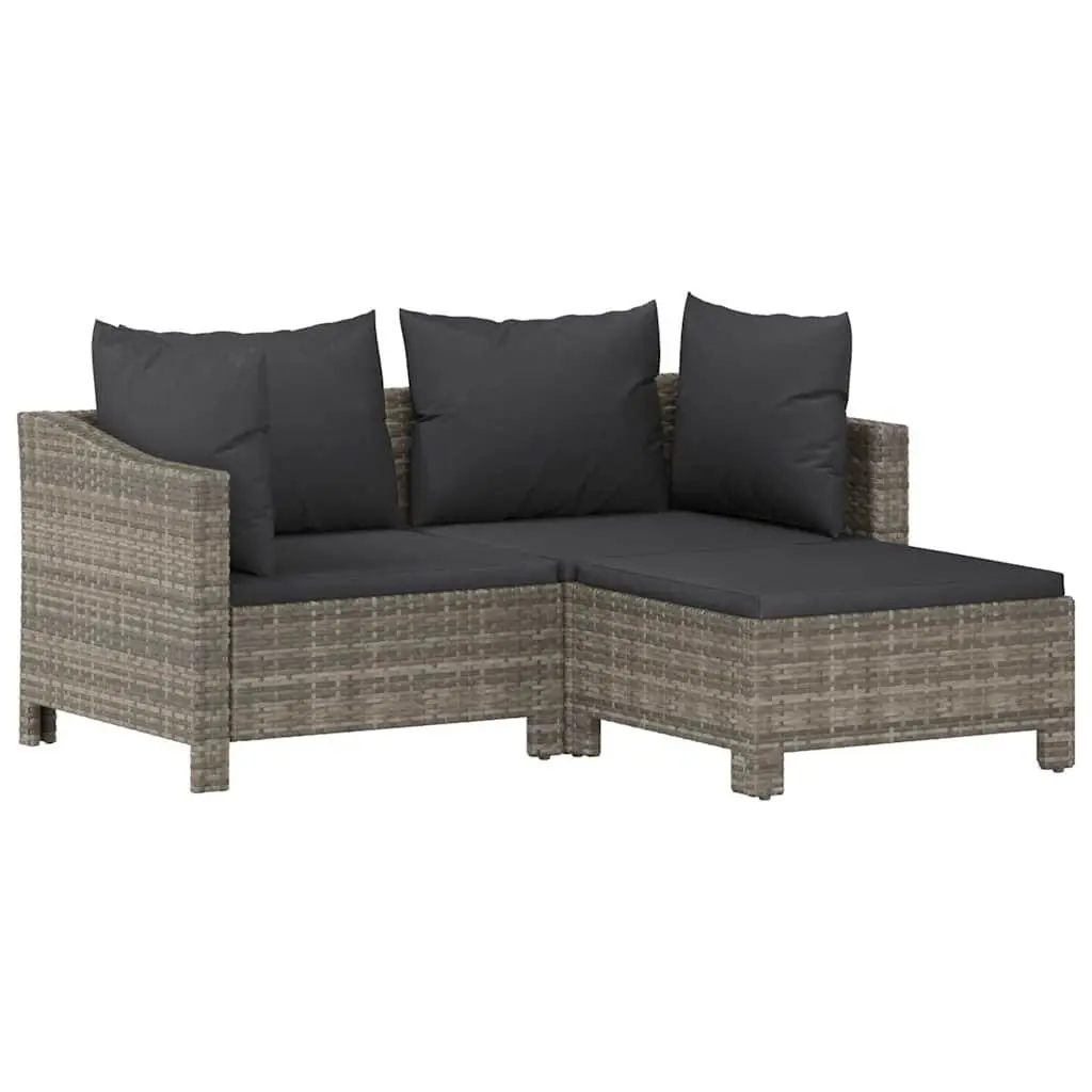 Grey 3 Piece Outdoor Lounge Set Poly Rattan with Cushions Durable Steel Frame for Garden