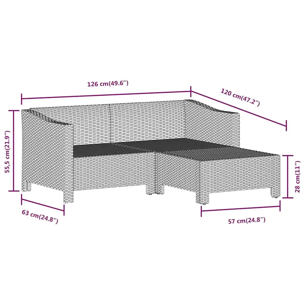 Grey 3 Piece Outdoor Lounge Set Poly Rattan with Cushions Durable Steel Frame for Garden