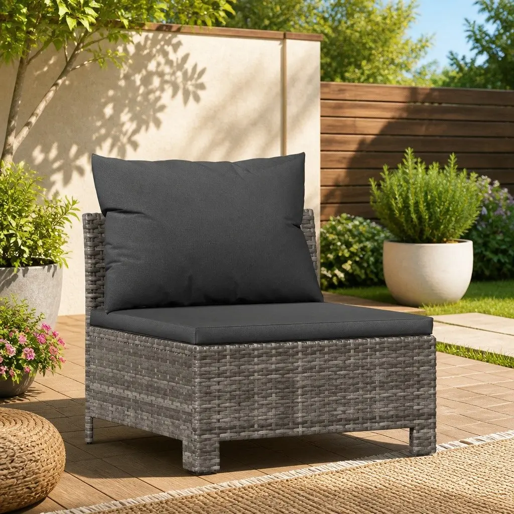 Garden Middle Sofa Grey Poly Rattan Outdoor Modular Sectional Seat with Cushion