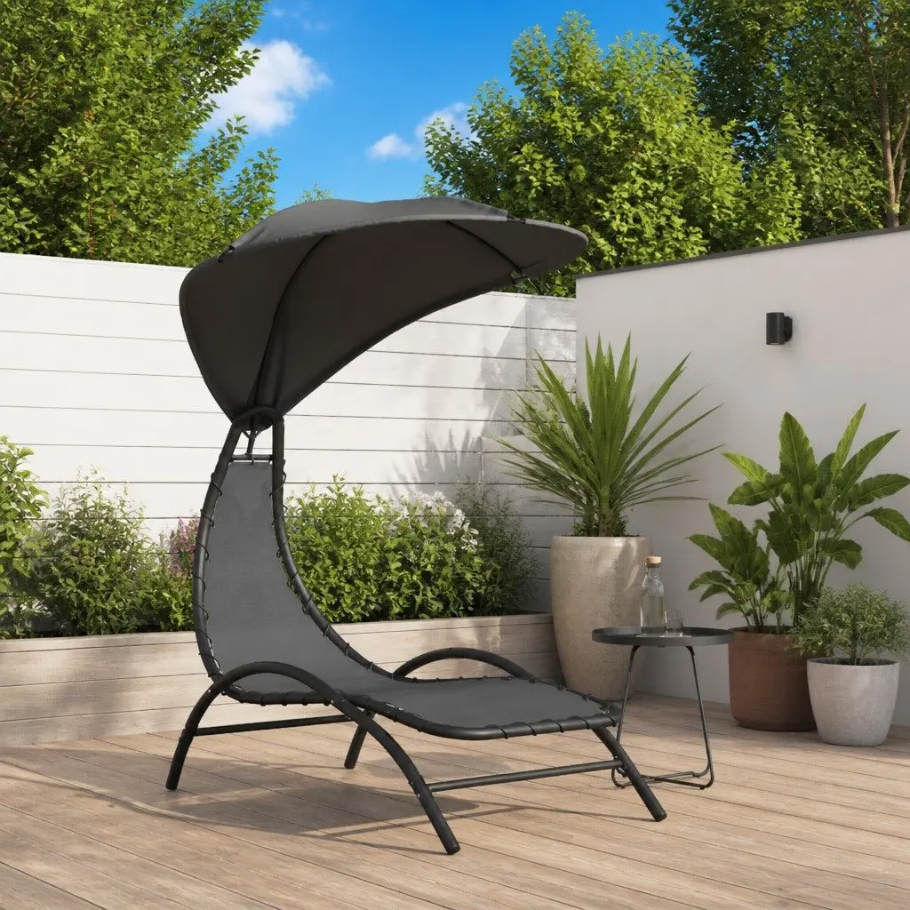 Sun Lounger with Canopy Grey Outdoor Garden Reclining Chair Adjustable Backrest