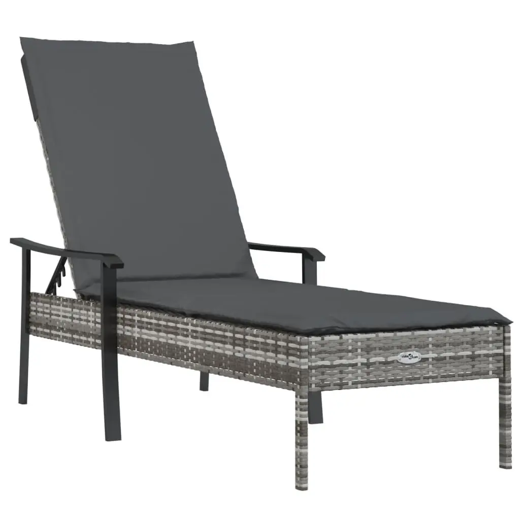 Sun Lounger Grey Adjustable Backrest Thickly Padded Cushion Poly Rattan Outdoor Furniture