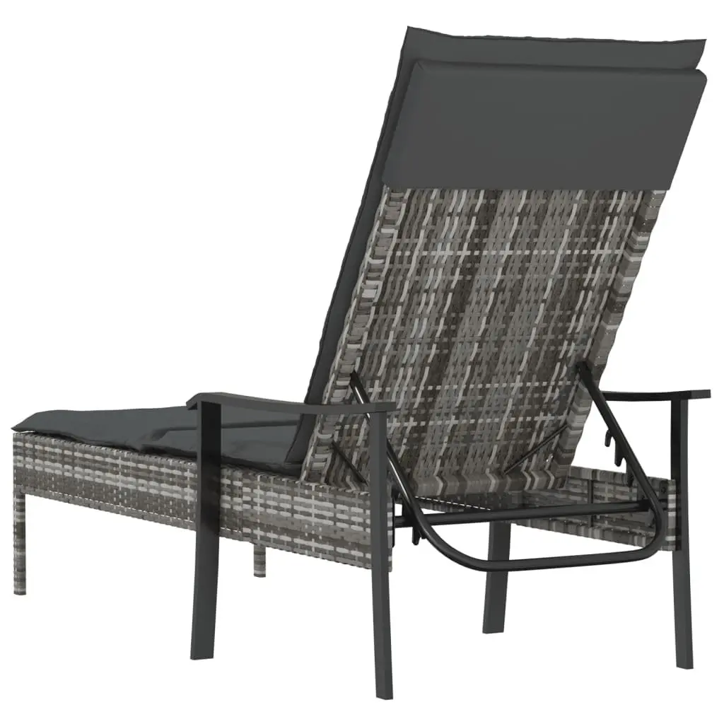 Sun Lounger Grey Adjustable Backrest Thickly Padded Cushion Poly Rattan Outdoor Furniture