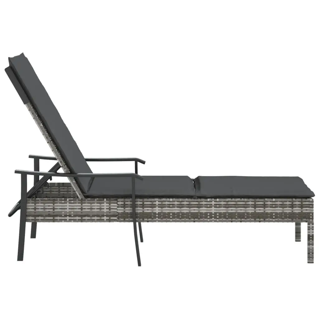 Sun Lounger Grey Adjustable Backrest Thickly Padded Cushion Poly Rattan Outdoor Furniture