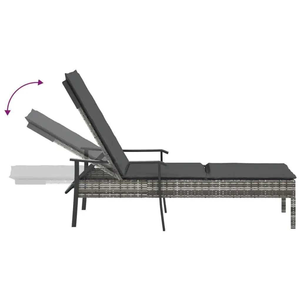Sun Lounger Grey Adjustable Backrest Thickly Padded Cushion Poly Rattan Outdoor Furniture