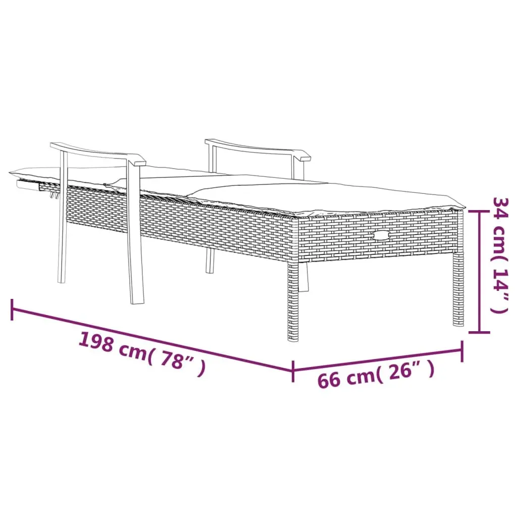 Sun Lounger Grey Adjustable Backrest Thickly Padded Cushion Poly Rattan Outdoor Furniture