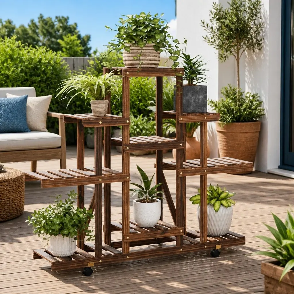 Wooden Plant Stand Brown 110x25x101cm with Wheels 360-Degree Rotatable