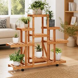 Compact Wooden Flower Stand with Wheels, 110x25x101cm